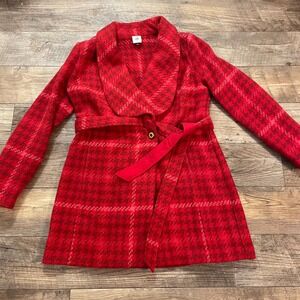 Cabi Red Houndstooth Plaid Shawl Collar Belted Wrap Coat Sz M Evita Blogger Fave
